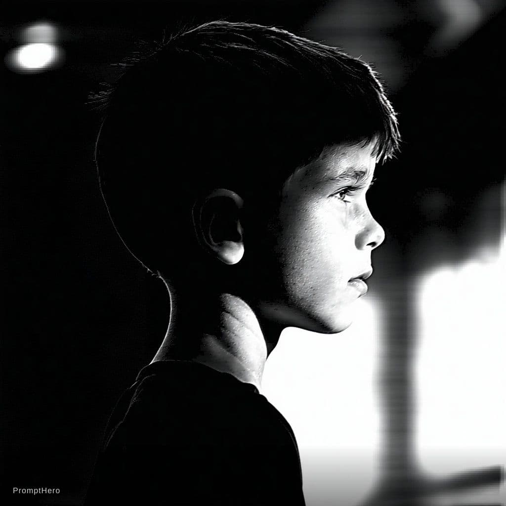 AI generated: black and white photography in style by Bruce Davidson, young boy sadly looks aside, highres, realis...
