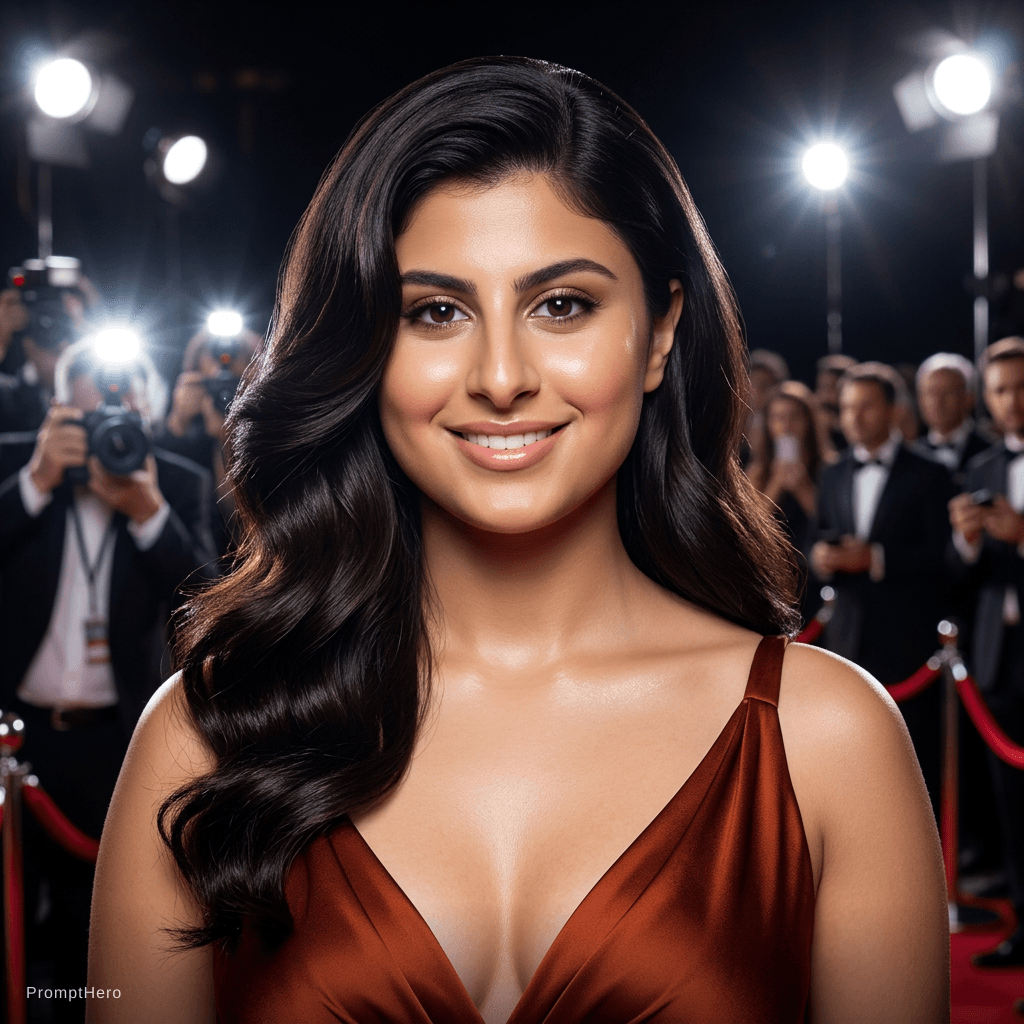 AI generated: glam glow up — red carpet look, glowing skin, sleek hair, confident smile