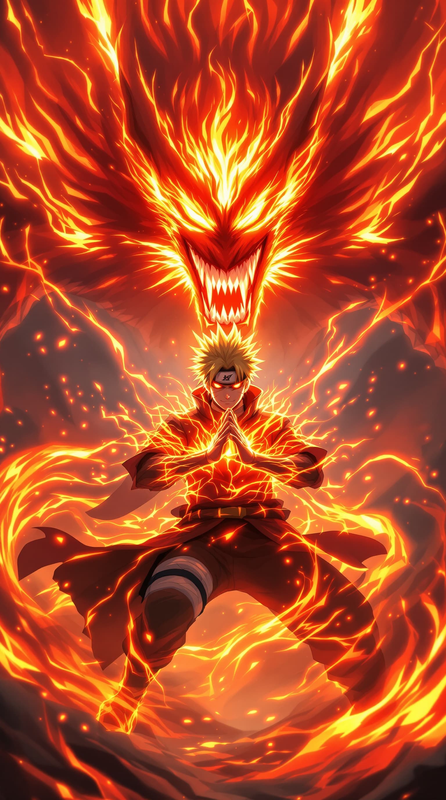 AI generated: Naruto in Baryon Mode, glowing with intense fiery red and orange chakra aura, fox-like markings on h...