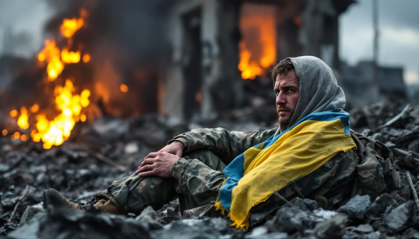 AI generated: A tired Ukrainian soldier sits leaning on one knee. There are ruins and fires all around, a tattered...