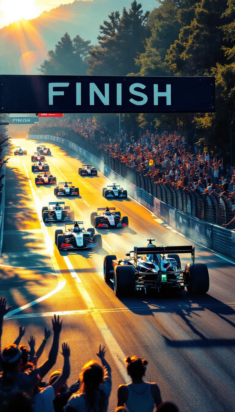 AI generated: Summer.      The tension increases. The FINISH banner above the track. The leading racing car crosse...