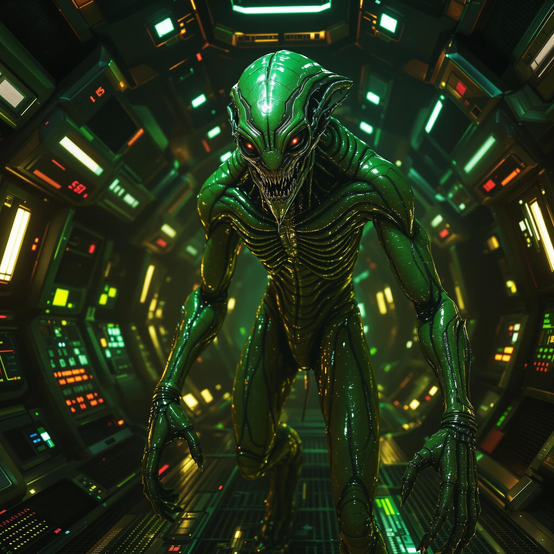 AI generated: A weird alien monster, H.R. Giger style. Green brown skin. Green, gold, silver. Neon lights. Radiati...
