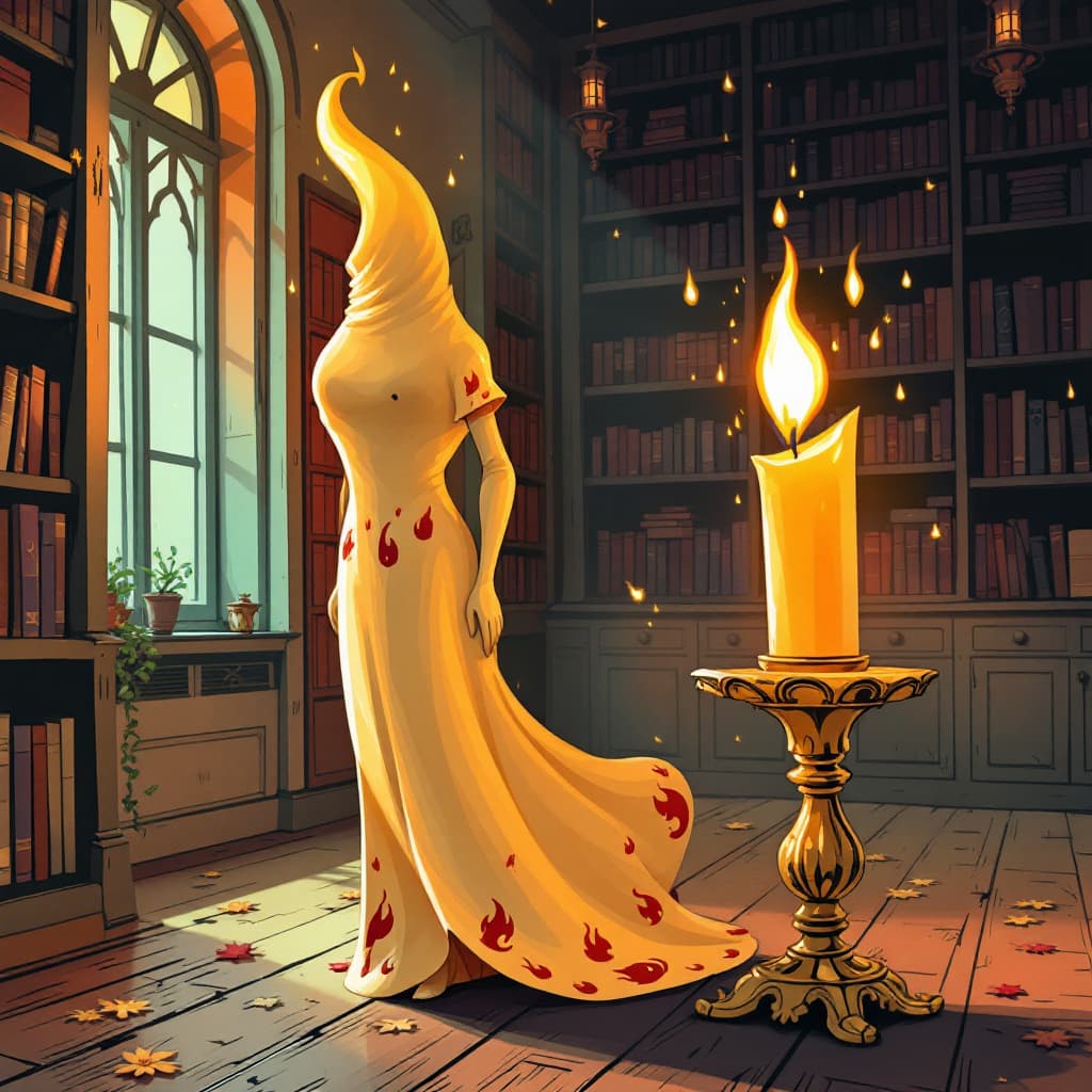 AI generated: Prompt: Carina Candle is a whimsical anthropomorphic candle with a curved wax body, golden candlesti...