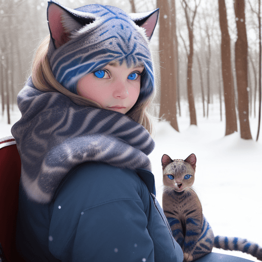AI generated: a girl with blue eyes, seat with wild cat in snowy forest some bokeh in background