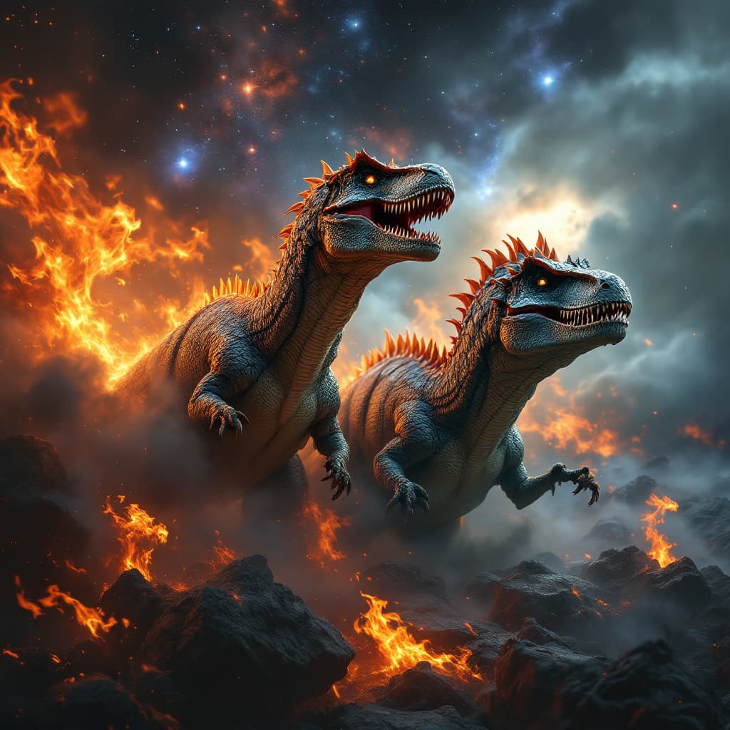 AI generated: "Two dinosaurs emerging from fire with a breathtaking backdrop of a galaxy. One dinosaur is elegant ...