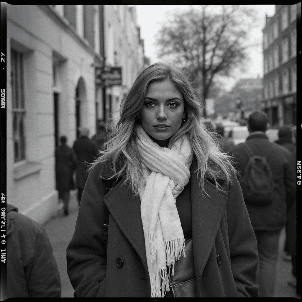 AI generated: Black and white street photography of an attractive woman on the streets of London, shot by arriflex...