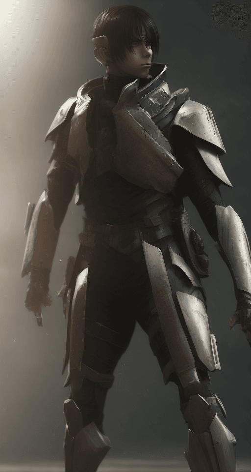 AI generated: Eren jaeger character, anthropomorphic figure, wearing futuristic soldier armor and weapons, reflect...