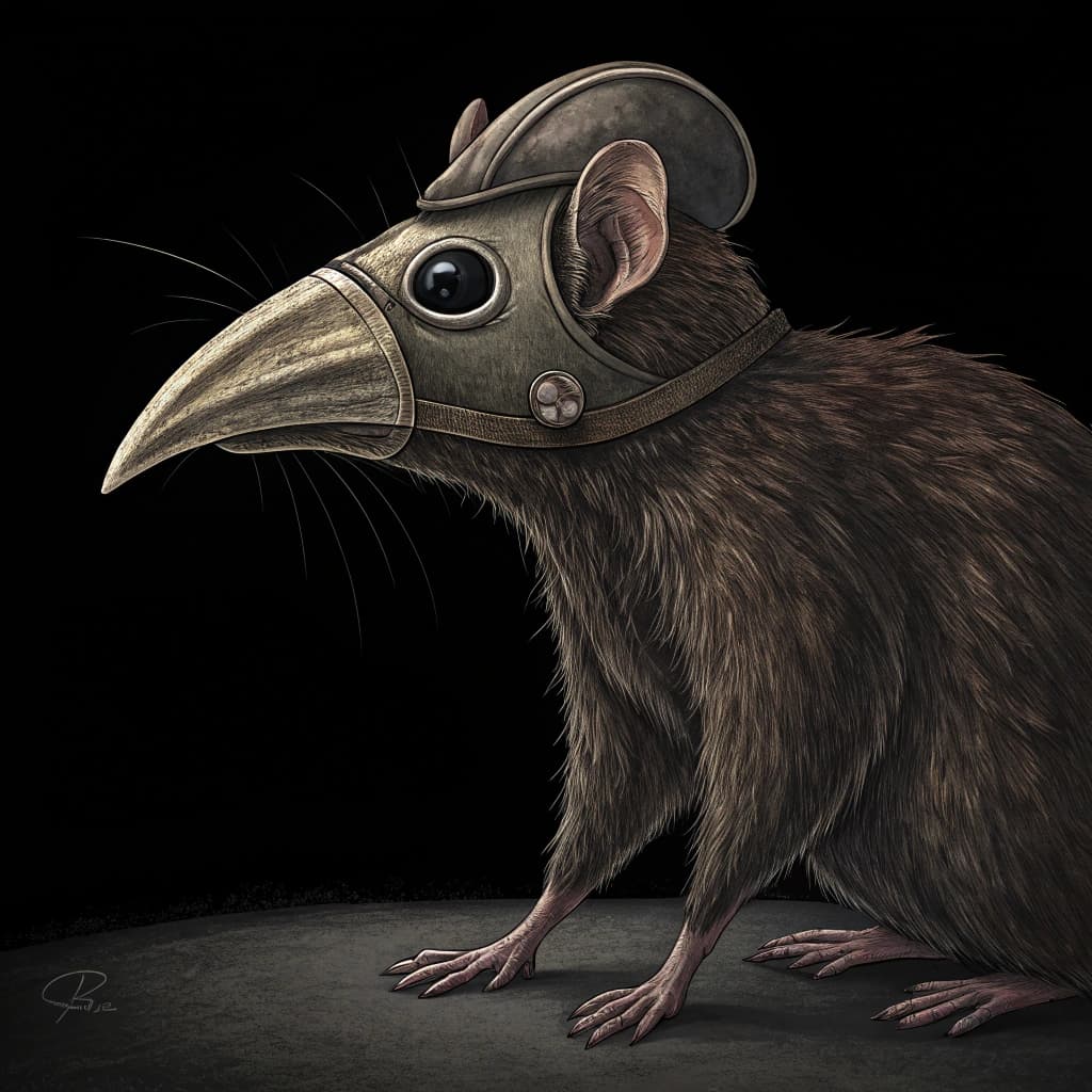 AI generated: a dark brown rat weaking a plague dr mask. sideview.black background.