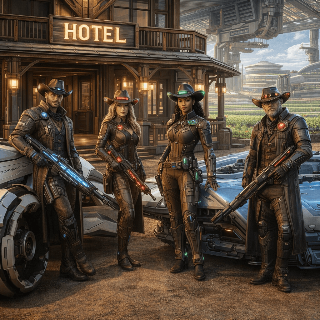 AI generated: Create an image of four futuristic, but different-looking, Human Cowboys and Cowgirls, posing comfor...