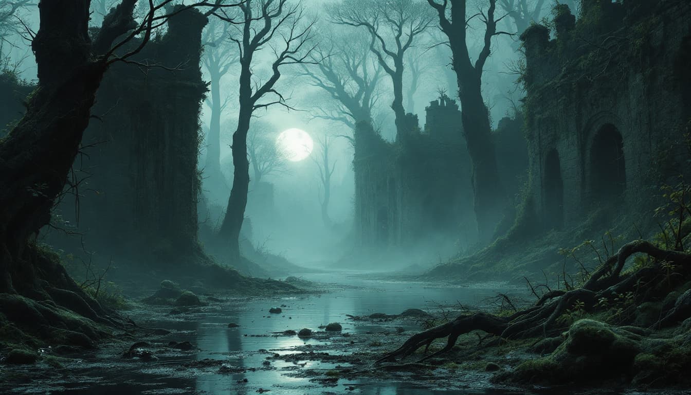 AI generated: A vast, decaying swamp where the water reflects memories instead of sky. Moss-choked ruins sink bene...