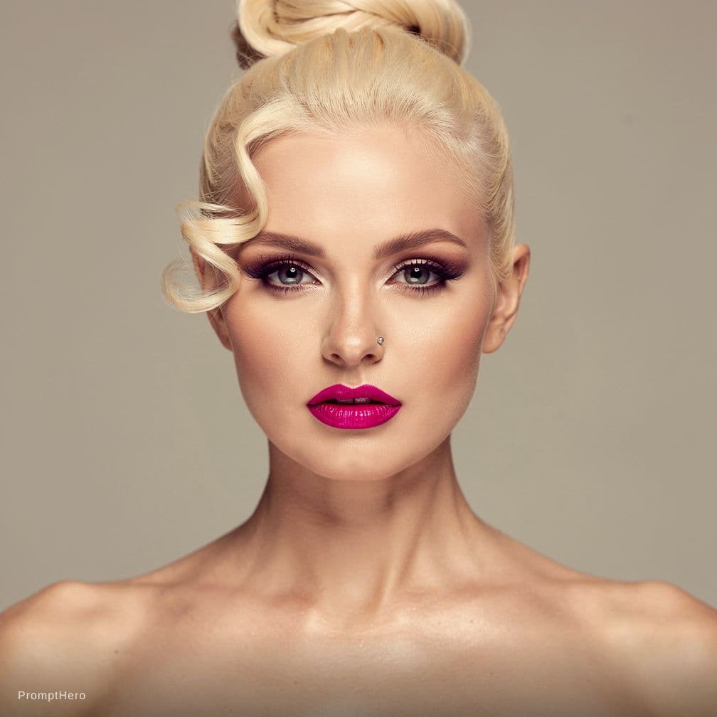 AI generated: Pamela anderson platinum blonde 18 years old gigantic breasts , small forehead, curled hair, round b...