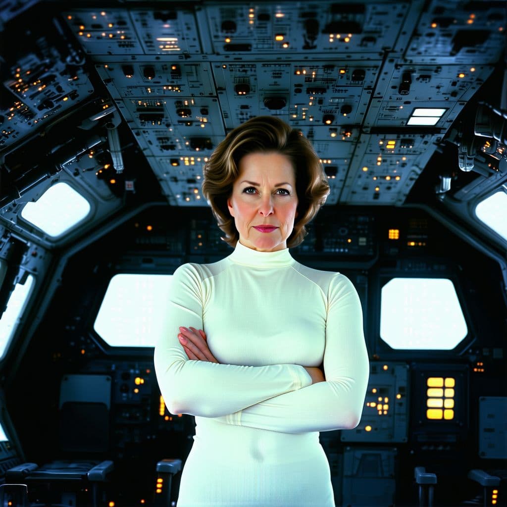 AI generated: Ellen Ripley, standing crossed arms, inside spaceship flight deck, High resolution photography, drea...