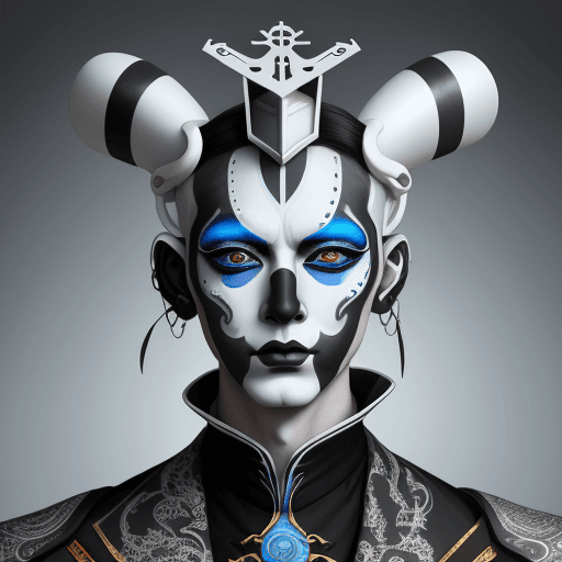 AI generated: a man with a white face paint and black makeup, in the style of futuristic designs, dark white and l...