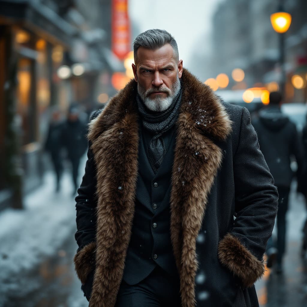 AI generated: Rich strong man without beard or mustache, dressed in an expensive suit with fur, walking down the s...