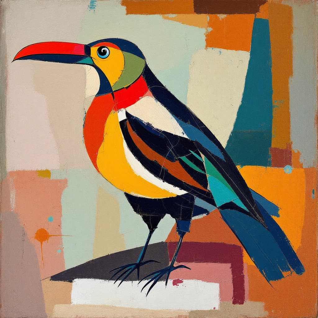AI generated: Abstract painting of a bird in the style of Picassos  older years. 