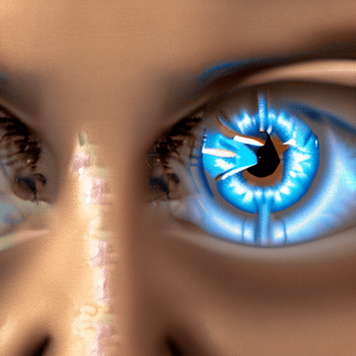 AI generated: a photo of a woman with blue eyes looking at herself, in the style of light indigo and dark amber, r...