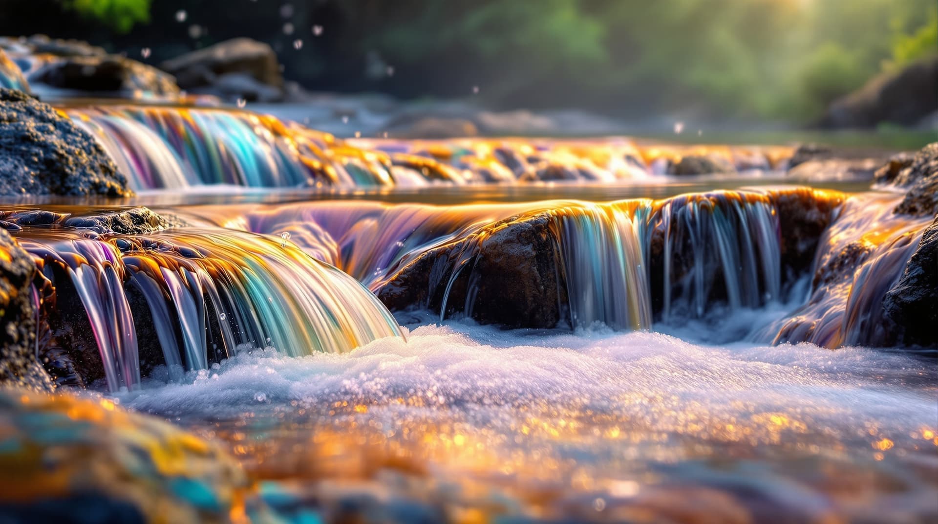AI generated: Photorealistic nature photography. Close-up. Multicolored waterfall cascades down rocks. Macro photo...