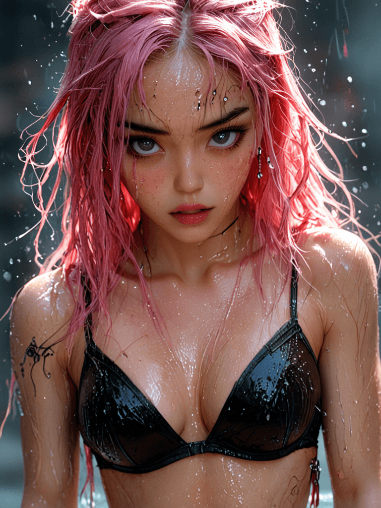 AI generated: realistic,highres,reality,Chinese woman 20 years old,pink hair,wet hair,toned,rolling eyes,piercings...