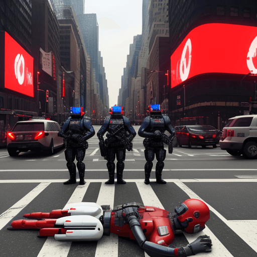 AI generated: Militarized white and red gang of robots making citizens arrest. Unarmed black man on the ground in ...