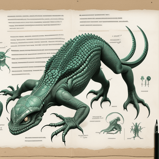 AI generated: an alien reptile, diagram, research notes, on paper, sci fi, science fiction, 12k, masterpiece, intr...