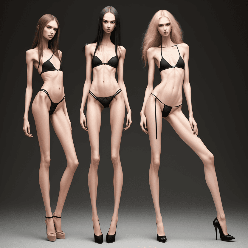 AI generated: photo of two extreme skinny models in thongs with high heels and long legs and long fingernails