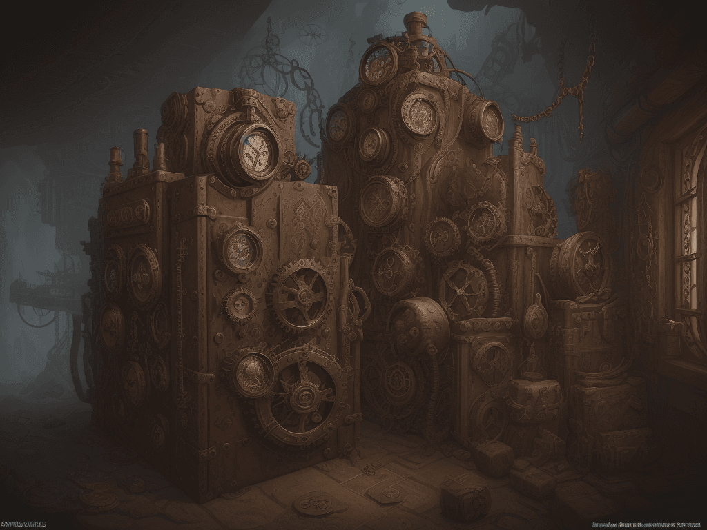 AI generated: lone steampunk goggles, goggles of metal and cogs with runes and carvings crawling across them ::2. ...
