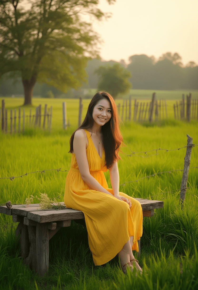 AI generated: In the heart of a verdant field, a young woman in a vibrant yellow dress finds solace on an old wood...