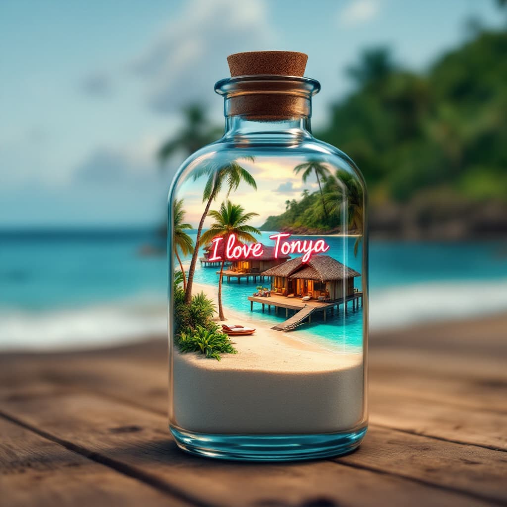AI generated: Create a realistic image of a ship in a bottle that contains a detailed beach scene. Inside the bott...
