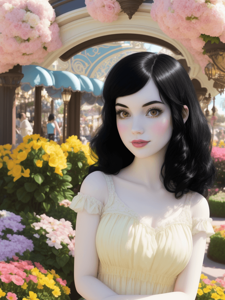 AI generated: black hair, disney style, cute, pretty, bright atmosphere, flowers, sunshine, disneyland, classy, pa...