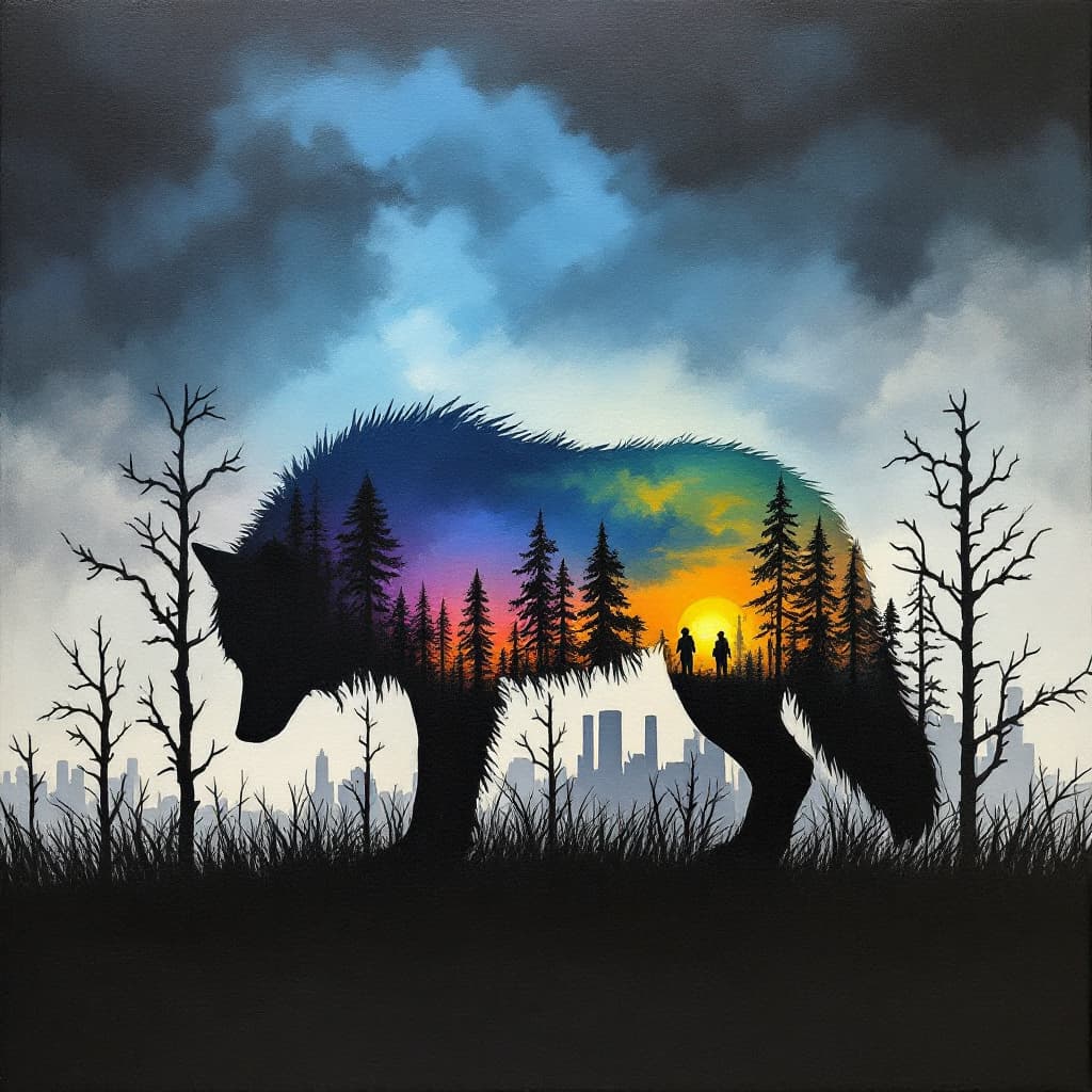 AI generated: oil painting, cardboard like silhouette of a wolf, head down, low tail, dramatic background, dramati...