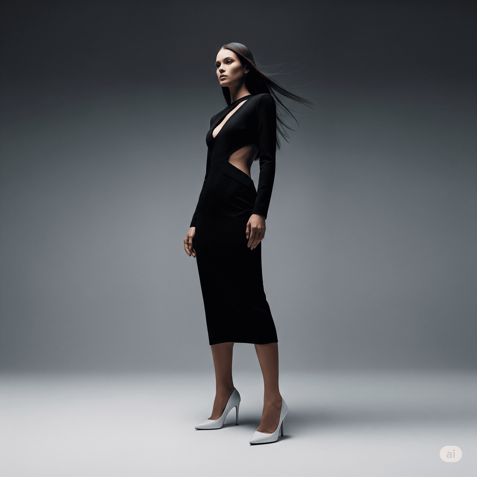 AI generated: A study in contrasts: a woman in a modern black dress with a cut-out detail, against a minimalist gr...