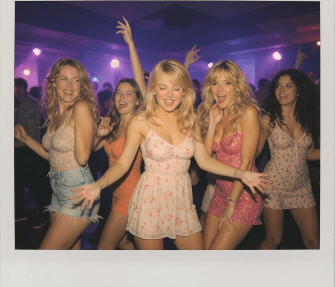 AI generated: photo, candid 35mm Polaroid of a group of a sweet girls partying at a dance club. they look like tro...