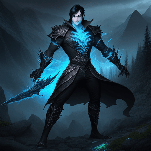 AI generated: 1 man, fantasy style, cool, mountain forest background, aggressive face, black hair, blue glowing ey...