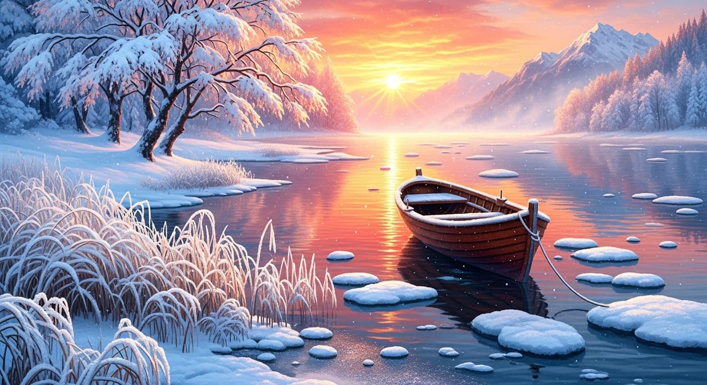 AI generated: Un magnifique bateau en bois est amarré au milieu d'un lac calme partiellement gelé. Les rayons du s...