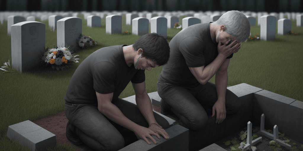 AI generated: Man crying for his lost brother at the grave , 8k , hd , reality