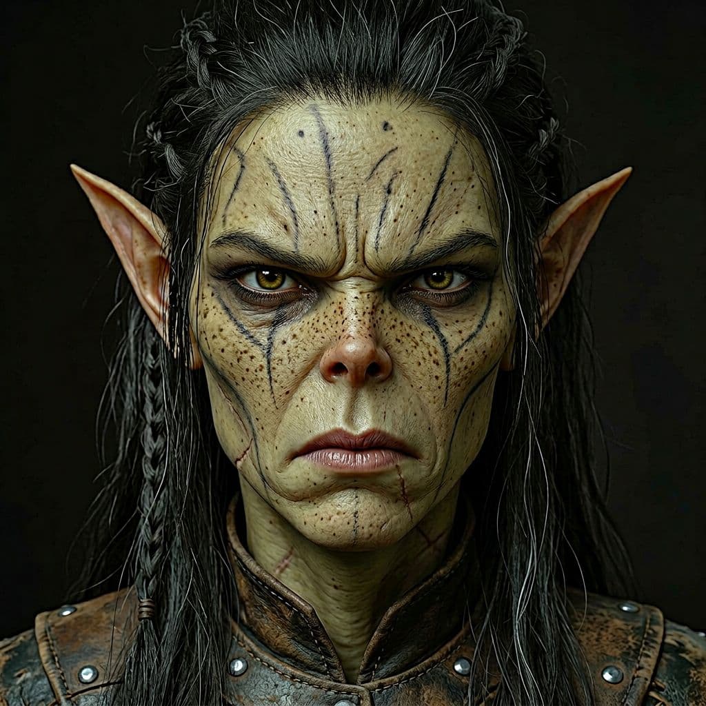 AI generated: a female githzerai warrior, with a gaunt face, up turned nose, and scowl, long black hair, greenish ...
