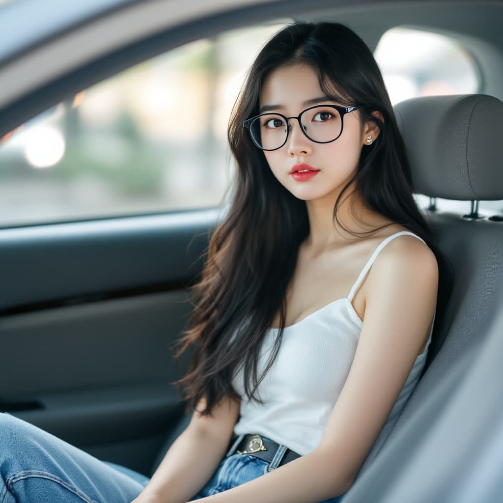 AI generated: Full body photo of Risa, a Japanese girl, wearing a white camisole and blue jeans, Make a solemn exp...