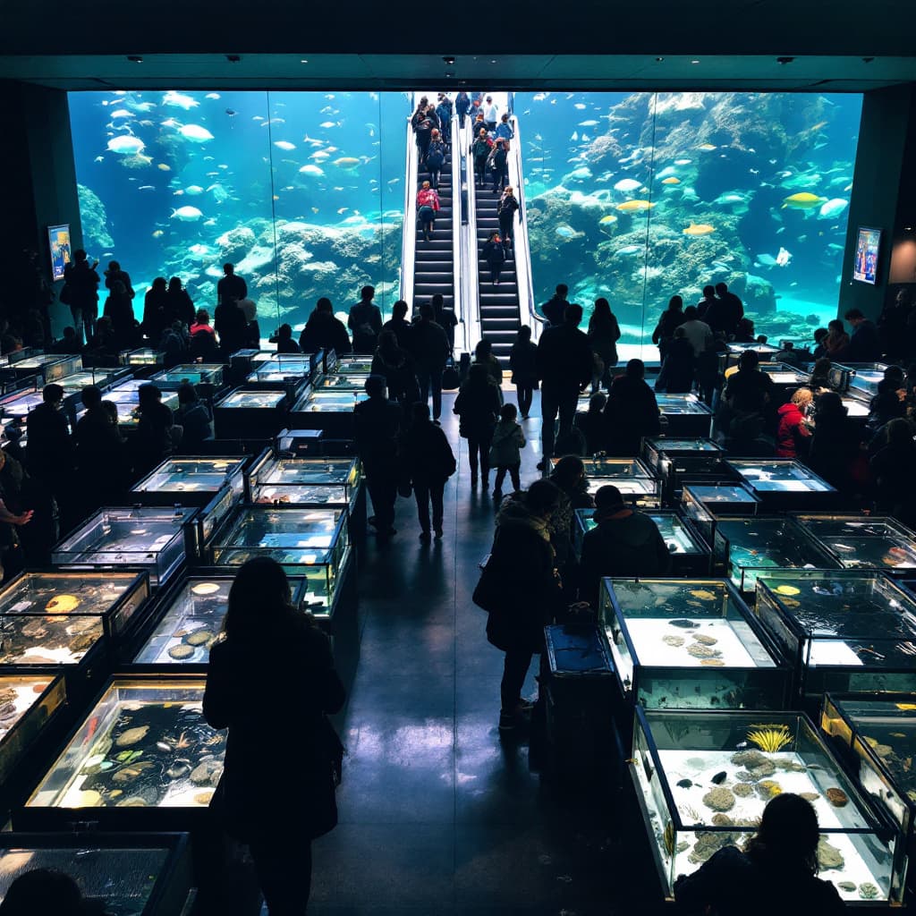 AI generated: Lots of small aquariums, lots of people wearing long sleeves, looking at the fish in the aquariums. ...