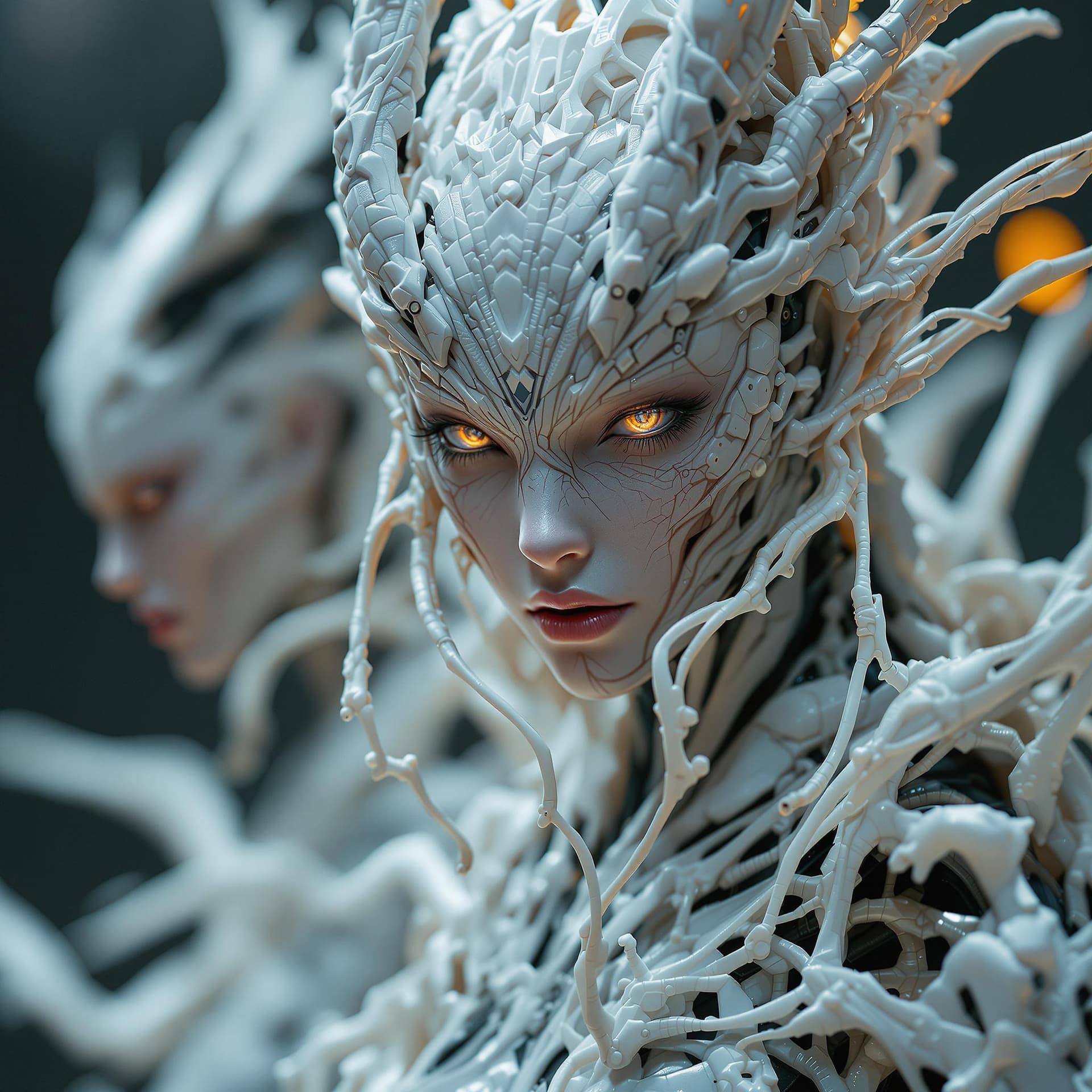 AI generated: Carved bizmuth female cyborg demons, different full body model position, high detailed cinematic bac...
