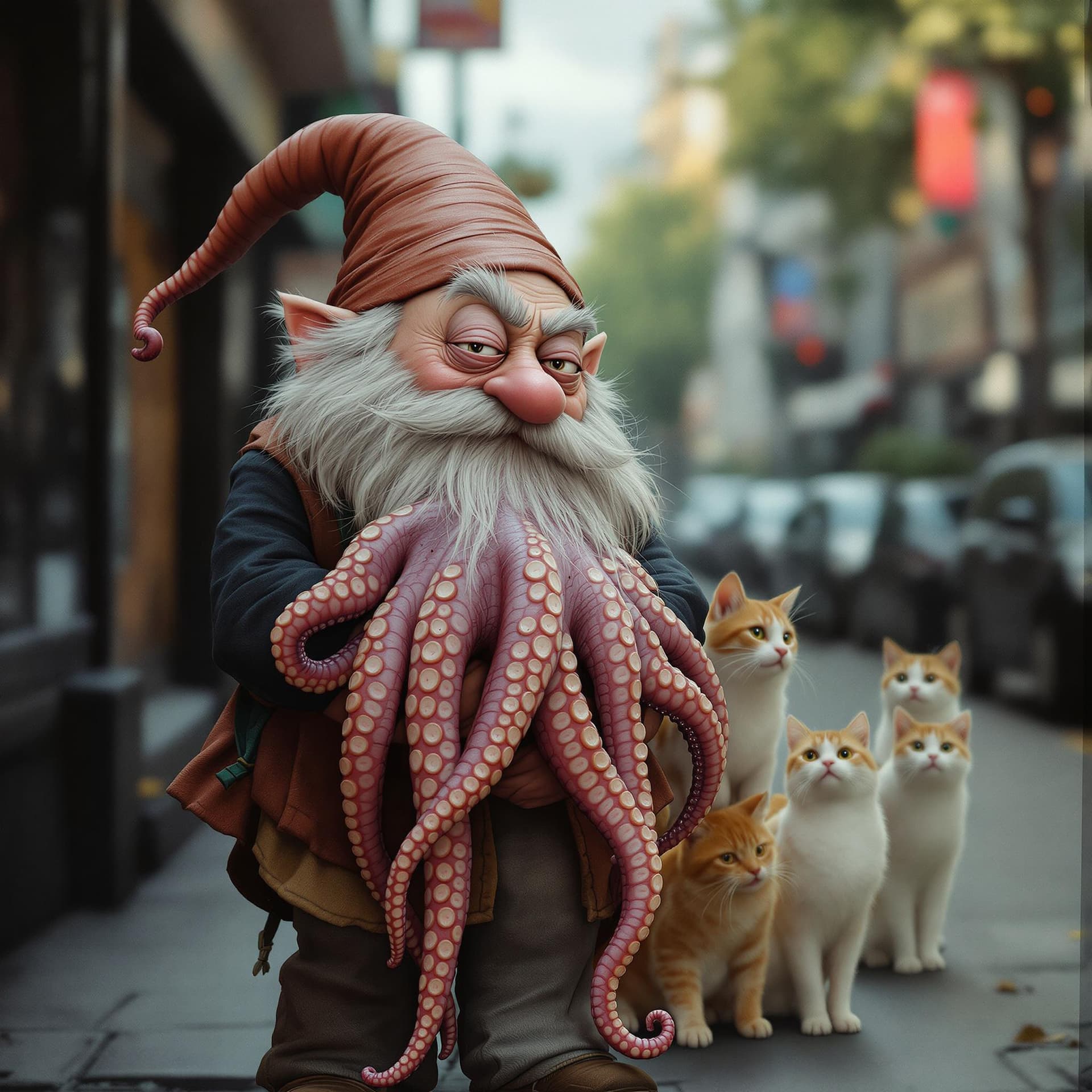 AI generated: Hyper realistic. Modern time. Dwarf in the street, with a realistic texture, is holding a octopus in...