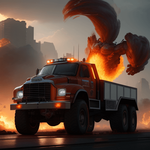 AI generated: Photo of a ultra realistic super truck prototipo of fire man of futur in combat, dramatic light, pal...