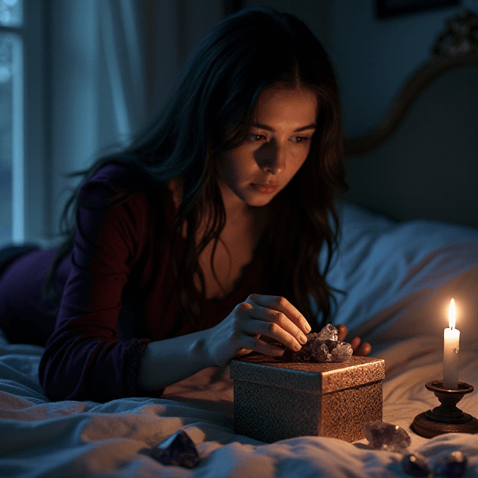 AI generated: Create a close-up Realistic photo, featuring a girl in her dimly lit bedroom. Maintain the same dark...