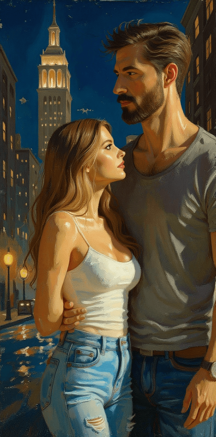 AI generated: a painting of a woman and her tall handsome husband standing in New York city street at night, looki...