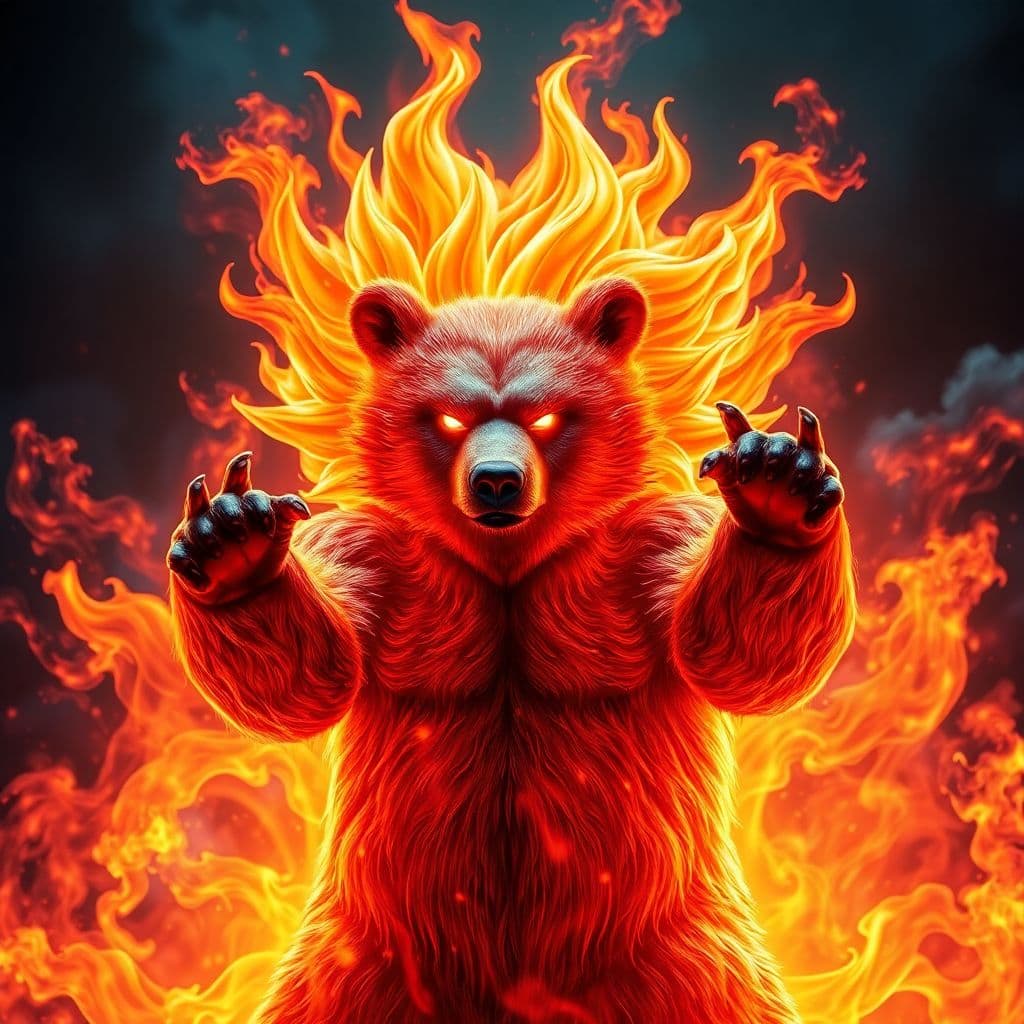 AI generated: A bear transforms into Super Saiyan God Form in an incendiary display of enveloping fire that bends ...