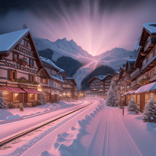 AI generated: This is a hyperrealistic CG rendering of swiss town.  The pink light in the sky shines on the snow, ...