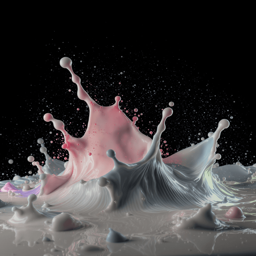 AI generated: neon, milky, liquids, splashes, black background, studio light, pattern, many details, glow, 