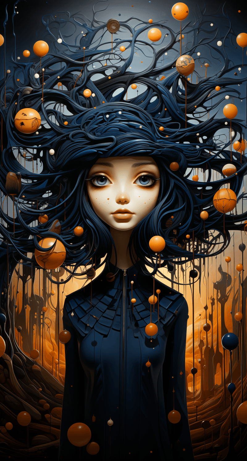 AI generated: the art of the world, in the style of surreal illustrations, dark blue and orange, naturalistic port...
