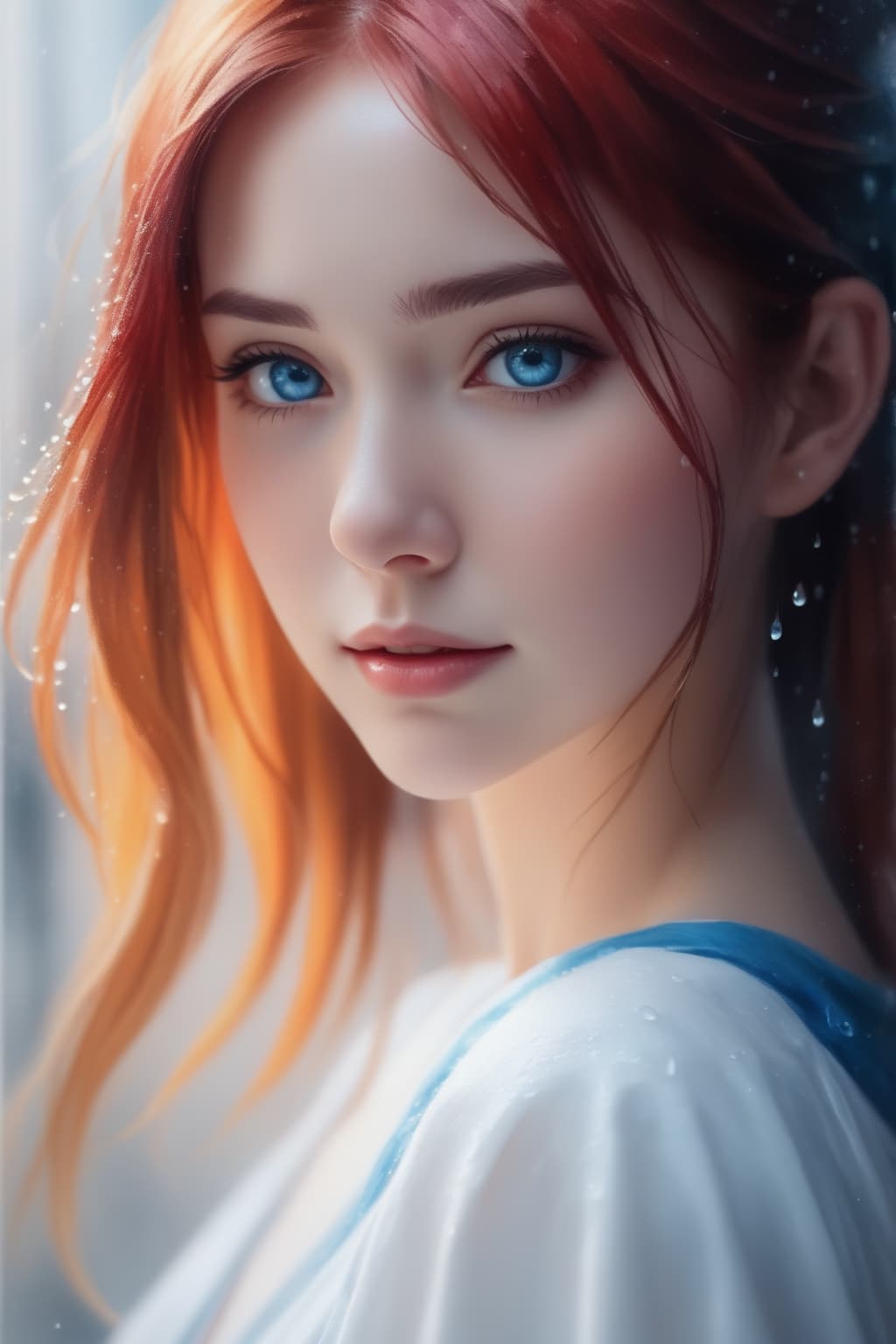 AI generated: A water color of close up model's face, Red hair and blue eyes, raindrops as foreground, a wet look,...