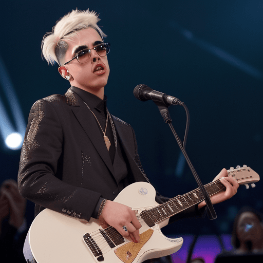 AI generated: High resolution photography of bad bunny playing the guitar in the Grammys