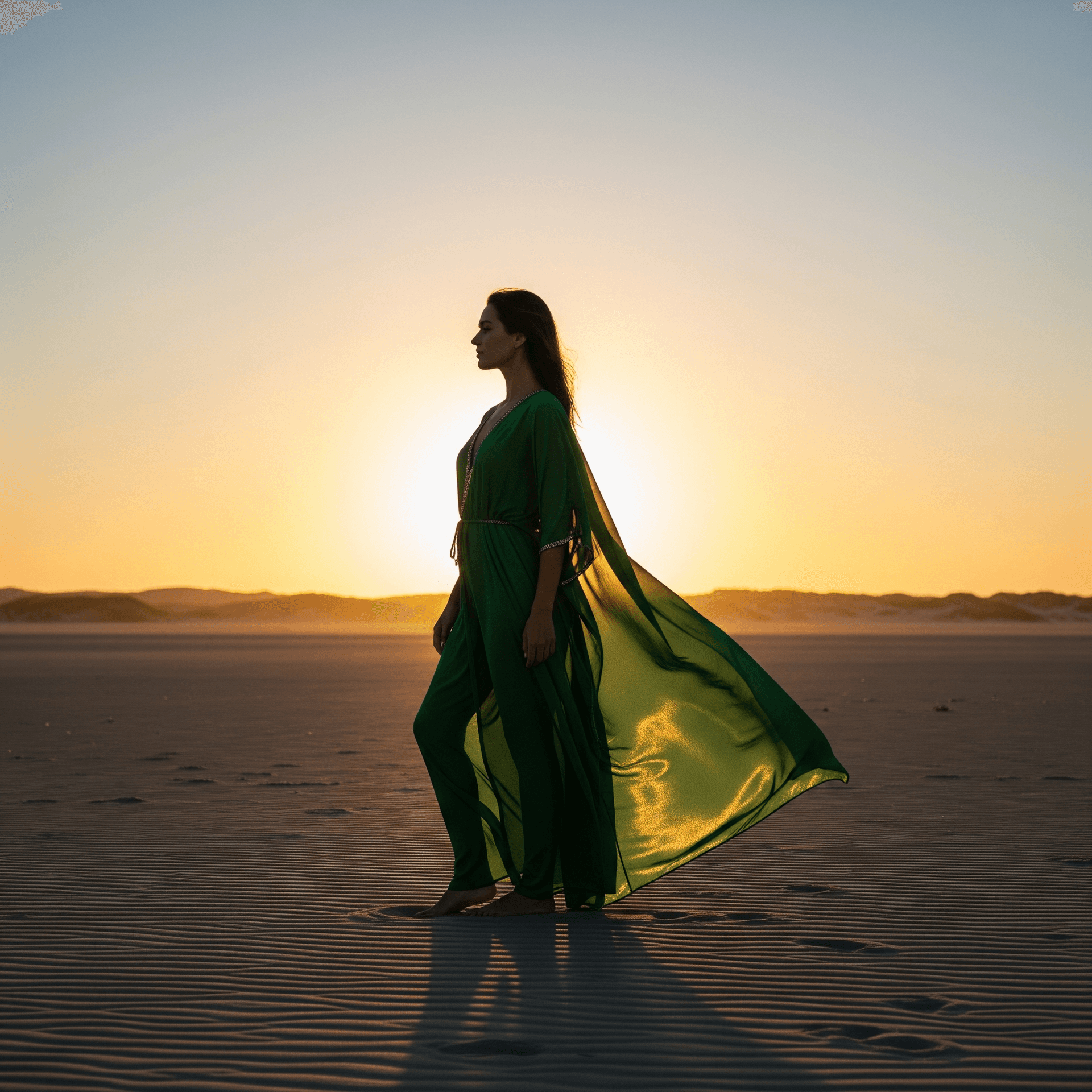 AI generated: A stunning woman in a flowing green kaftan, glowing under the warm sun. The fabric shimmers in the l...